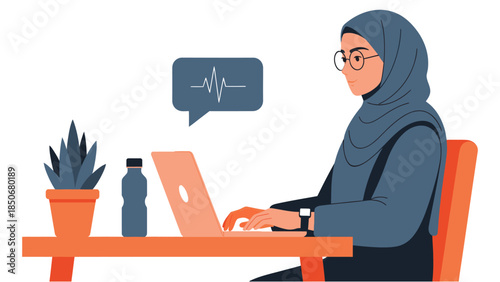 A woman in a hijab working on a laptop with a calm atmosphere surrounding her workspace with a plant and a water bottle