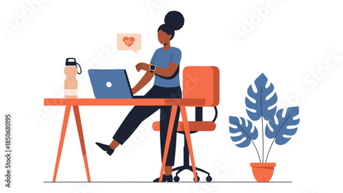 A woman working comfortably at a desk with a laptop in a serene office environment