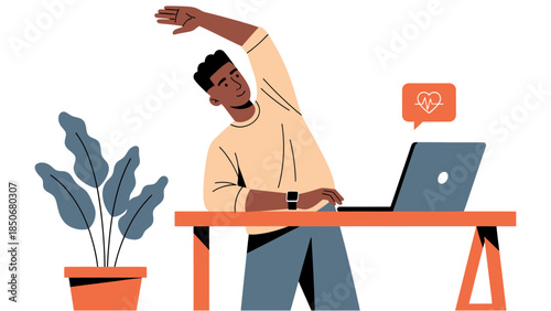 A man stretching at his desk with a laptop and plant nearby in a modern office environment