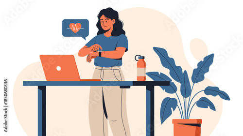 Woman Practicing Workplace Wellness with Stretching Exercises at Desk with Laptop and Plants Around Her
