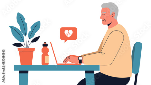 Illustration of a man working at a desk with a laptop and wellness elements in a serene environment from a side viewpoint