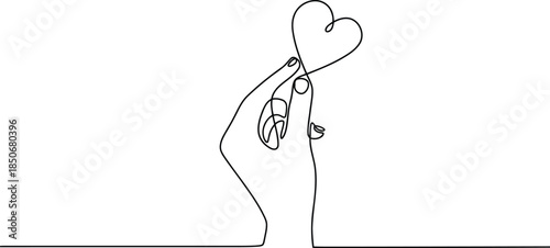 One continuous line drawing of a human hand delicately holding a small heart shape