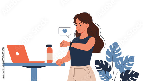 A woman checks her fitness tracker while working on a laptop at a desk with a water bottle and plants nearby in a serene office environment from a straightforward viewpoint