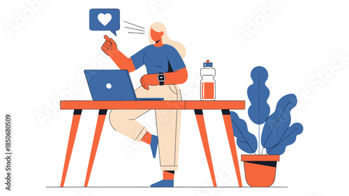 Person working on laptop at desk with plants and water bottle in a modern workspace