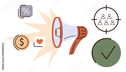 Megaphone broadcasting key elements thumbs up percentage, dollar sign, engagement heart, targeting audience icon, and approval checkmark. Ideal for marketing, advertising, promotion, targeting