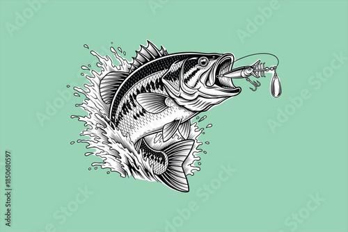 Detailed illustration of a hooked largemouth bass jumping from splashing water. Dynamic black and white vector art on a green background, perfect for fishing logos and outdoor apparel designs.

