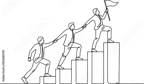 Three businessmen in suits collaborate to climb a bar graph holding a flag in a continuous line illustration