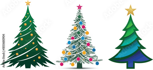 Christmas tree vector illustration set designed for holiday, winter, and New Year projects. Perfect for greeting cards, banners, posters, invitations, web designs, and seasonal decorations. Clean, col