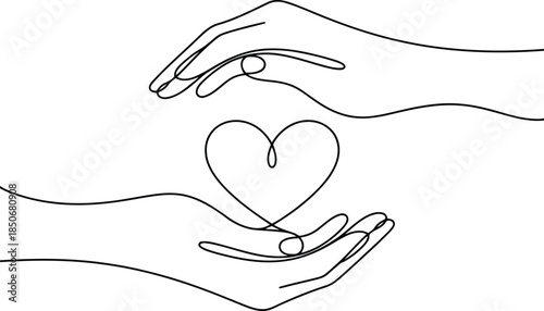 Two hands formed by a single continuous black line cradle a heart shape on a white