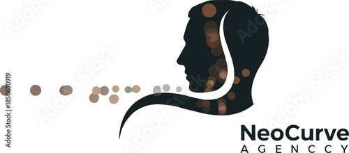 Abstract human face silhouette logo with flowing curves and dots for modern creative agency branding and identity design