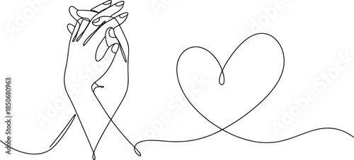 Two human hands clasped together with a continuous line forming a heart symbol of love and connection