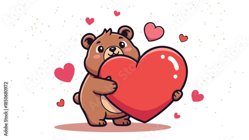 Cute Cartoon Bear Hugging a Large Red Heart Perfect for Valentine s Day Love Themes