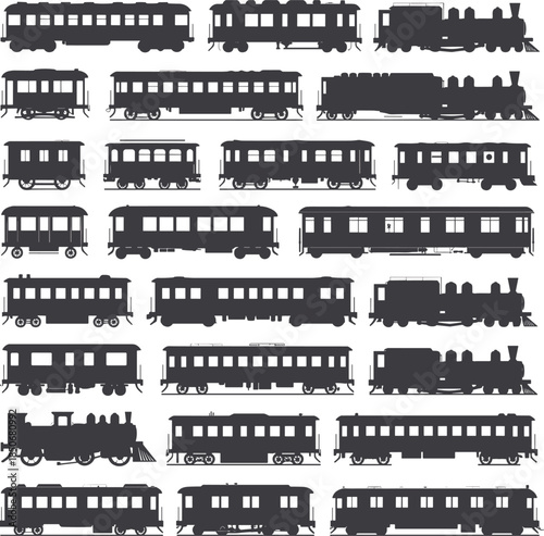Black and white train and railcar silhouettes on white background