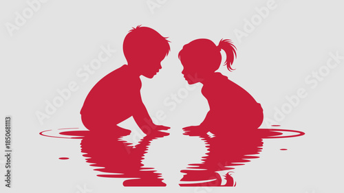 Two Toddlers Facing Each Other – Red Silhouette Kids with Water Reflection