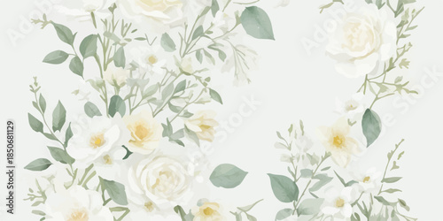Watercolor Floral Clipart Set with Dusty Green Leaves and Soft Blooms