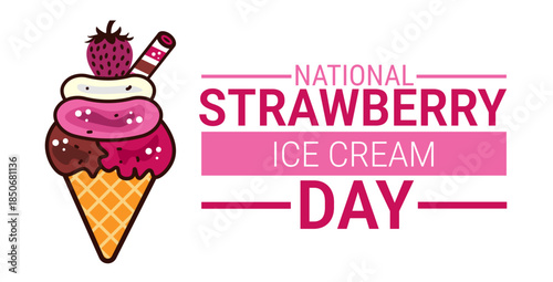 National Strawberry Ice Cream Day background, banner, card or poster design template is observed every year during January, to raise awareness about the mission. Vector illustration.