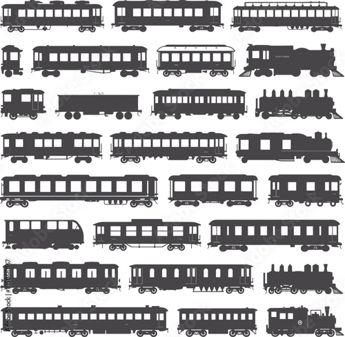 Black and White Vintage Train Car Silhouettes on White Background