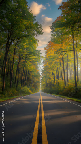 Scenic asphalt road lined with vibrant autumn trees leading towards a sunny sky
