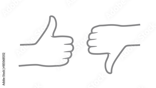 Vector illustration of Simple outline graphic of two hands, one showing a thumbs up gesture of approval and the other a thumbs down gesture of disapproval on a white background
