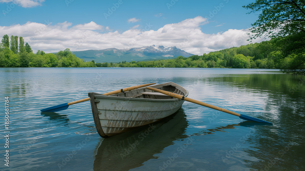 Obraz premium Serene wooden rowboat floats peacefully on a calm lake reflecting the blue sky and distant mountains.