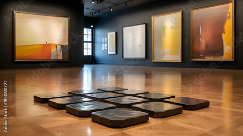 Modern art exhibition featuring abstract paintings and minimalist floor sculpture