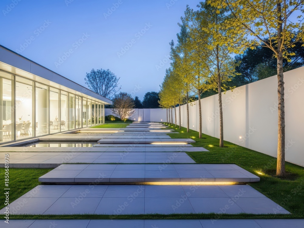 Fototapeta premium Modern house with illuminated pathway and trees