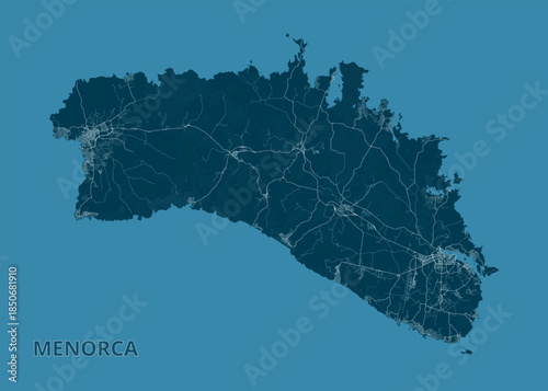 Map of Menorca Island is displayed in a monochromatic blue palette. The island's shape is clearly defined, with intricate details showing roads and urban areas.