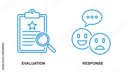 Vector illustration of Two blue line art icons depicting evaluation with a clipboard star and magnifying glass, and response with happy and sad faces in speech bubbles, isolated on white