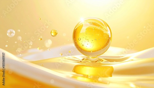 Golden serum drop with bubbles floating over wavy yellow and white background