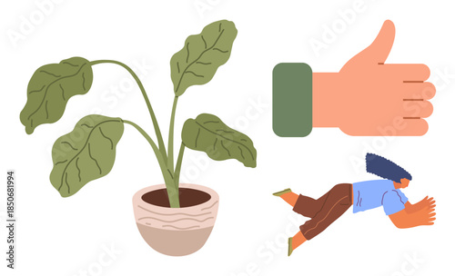 Potted plant with leafy greens, hand showing thumbs-up, and a person falling forward mid-action. Ideal for ecology, approval, support, growth, balance failure and positivity themes. Simple flat