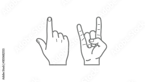 Vector illustration of Outline of two hands with different gestures, one finger pointing up and the other making the rock and roll sign, isolated on a white background, graphic representation