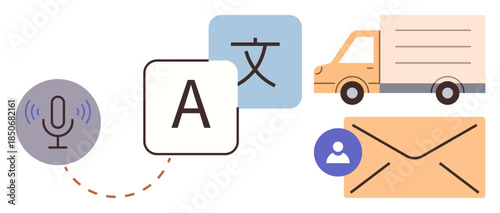 Voice input transforming into text, language translation, delivery truck, and email graphic. Ideal for communication, translation, technology, logistics efficiency networking global reach. Simple