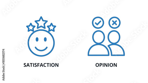 Vector illustration of Blue line art icons representing customer satisfaction with stars and smiley face next to opinion icons with checkmark and cross symbols over people silhouettes
