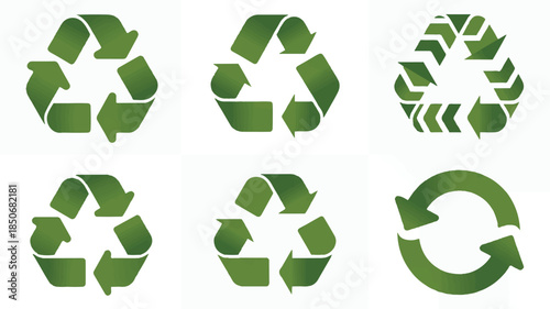 Collection of green recycling symbols in various designs on white background