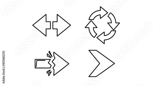 Vector illustration of Set of four distinct black and white arrow icons including a broken arrow, a circular arrow arrangement, opposing arrows, and a single directional arrow