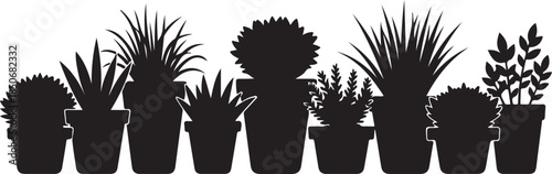 Collection of diverse potted plants in silhouette , Generative Ai