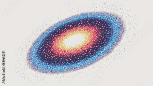 A digital illustration of an elliptical galaxy with vibrant colors and intricate details