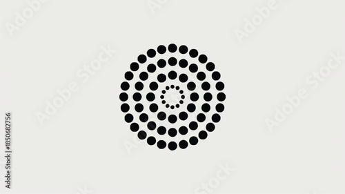 A minimalist black and white logo design featuring a spiral pattern of dots in a circular arrangement