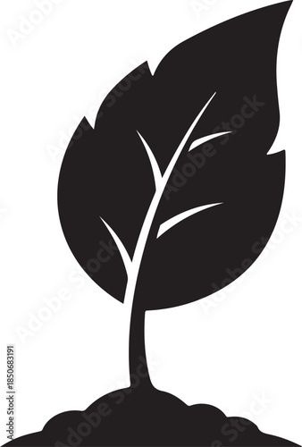 Stylized black icon of a single leaf emerging from fertile soil, symbolizing nature and growth. , Generative Ai