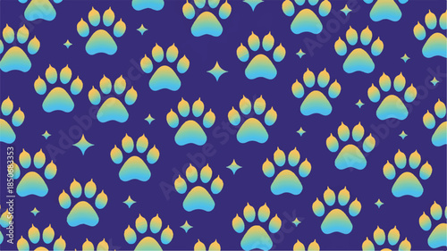 A vibrant pattern of blue and yellow animal paw prints on a dark blue background with small stars