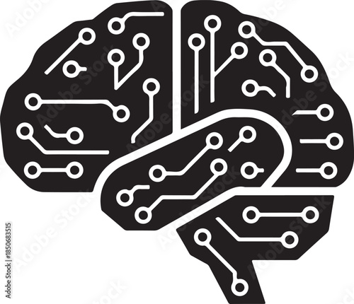 Black silhouette of a human brain depicted as a circuit board, symbolizing artificial intelligence and technology. , Generative Ai