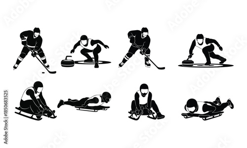 Winter sports athletes in action: hockey, curling, and sledding