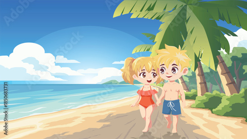Cute cartoon couple walking hand in hand on a tropical beach. Happy young lovers enjoying summer vacation by the sea. Vector illustration of romantic holiday for banner background.