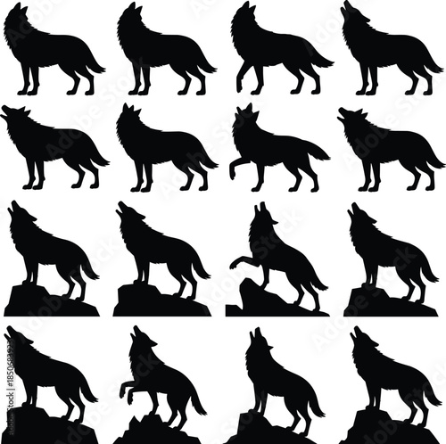 Black silhouette wolves howling on rocks and standing