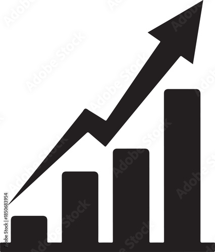 Black silhouette of a bar graph showing a steep increase and an arrow indicating upward progress and financial success. , Generative Ai