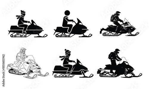 Collection of snowmobile riders in various action poses