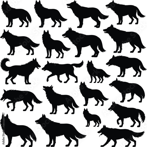 Black silhouette wolves walking in various poses on white background