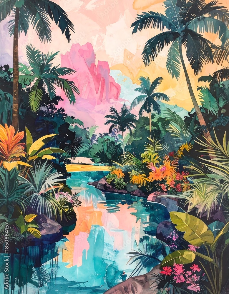 Naklejka premium Vivid jungle scene featuring a flowing river, colorful sky, and palm trees