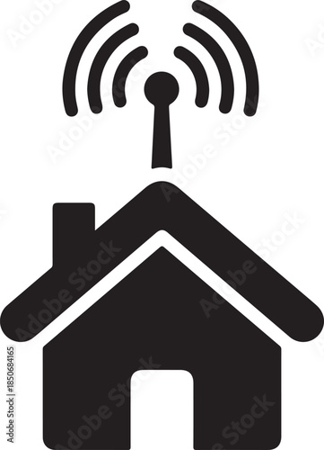 Black silhouette of a house with a Wi-Fi antenna on its roof emitting signal waves, representing smart home and internet connectivity. , Generative Ai