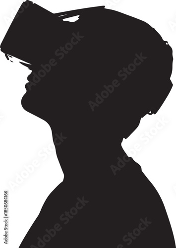 Profile silhouette of a person wearing a virtual reality headset, gazing upwards, symbolizing exploration of digital worlds. , Generative Ai